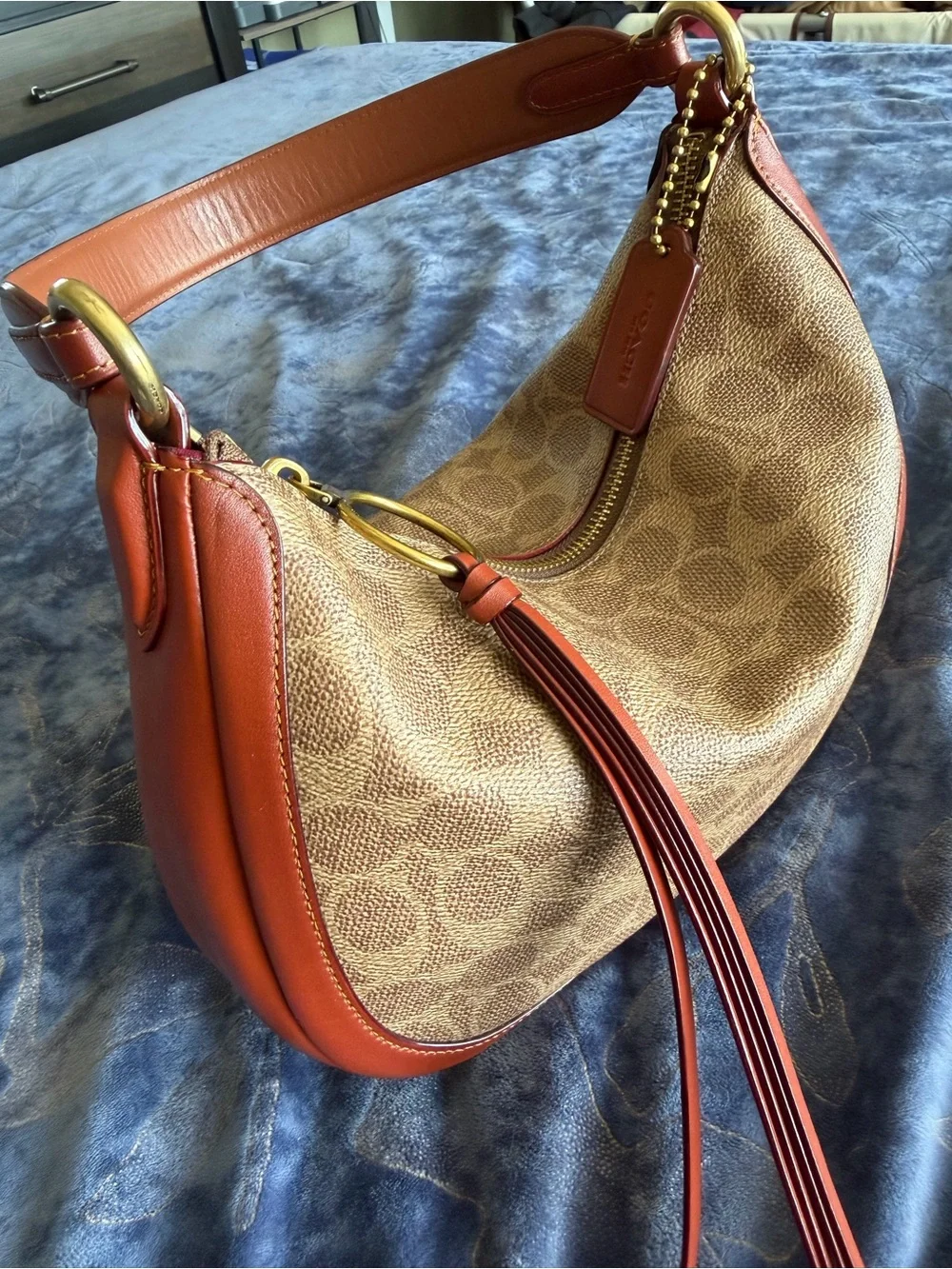 Coach Brown Signature Canvas Hobo with Burnt Orange Leather Trim